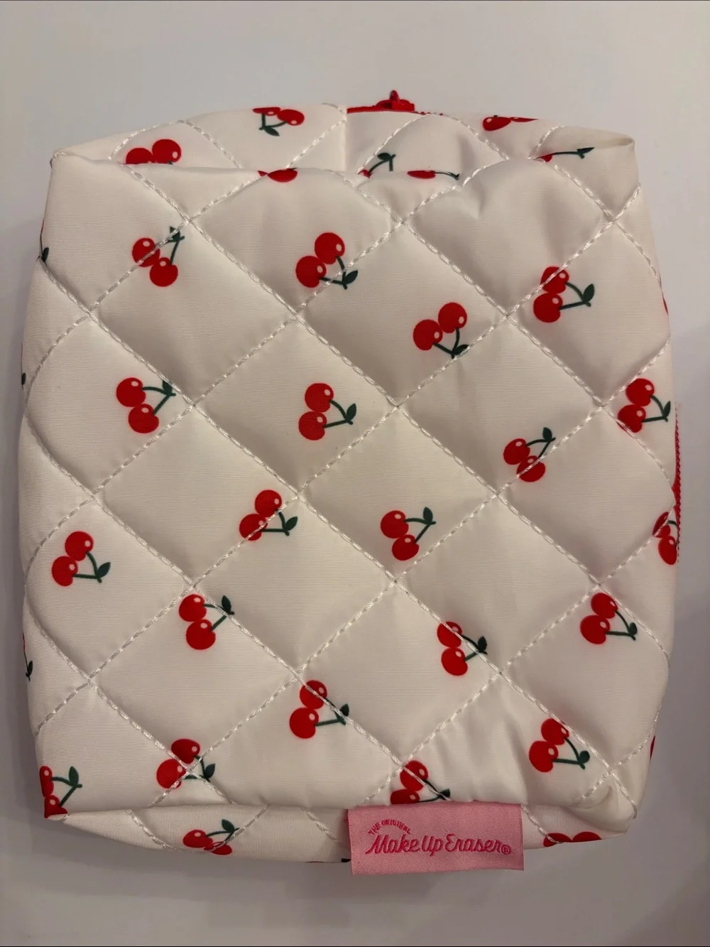 MakeUp Eraser White Quilted Cherry Print Cosmetic Bag